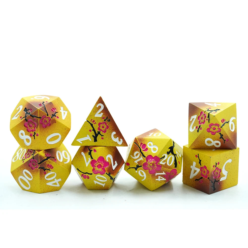 Custom DND Dice Set D20 Polyhedral Sharp Edge Gold Handmade 7-Piece RPG Game for D&D Dungeons and Dragons with Floral Accent