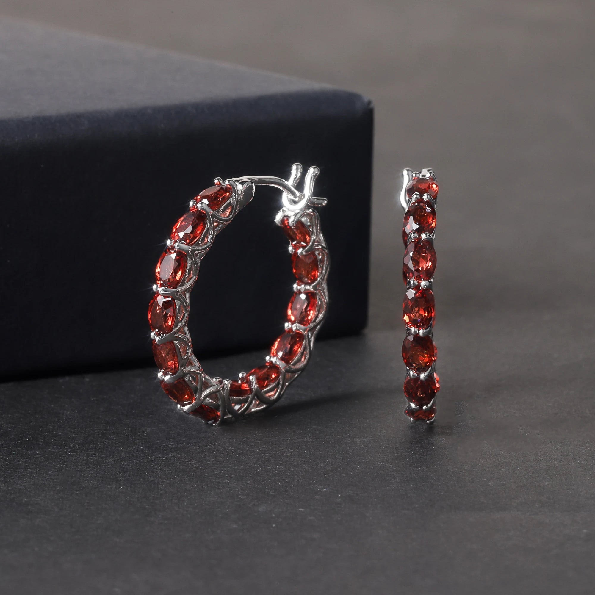 RZ0010 Abiding Fine Jewelry Inside Outside Designs Hoops 925 Sterling Silver Natural Gemstone Red Garnet Hoop Earring