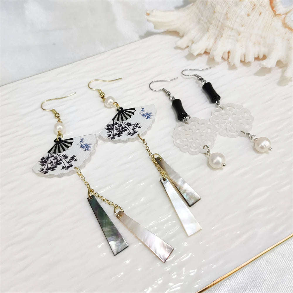 Chinese Classic Style Women's Light Luxury Earring Personalized Natural Shell Long Tassel Earrings Freshwater Pearl Fan Earrings