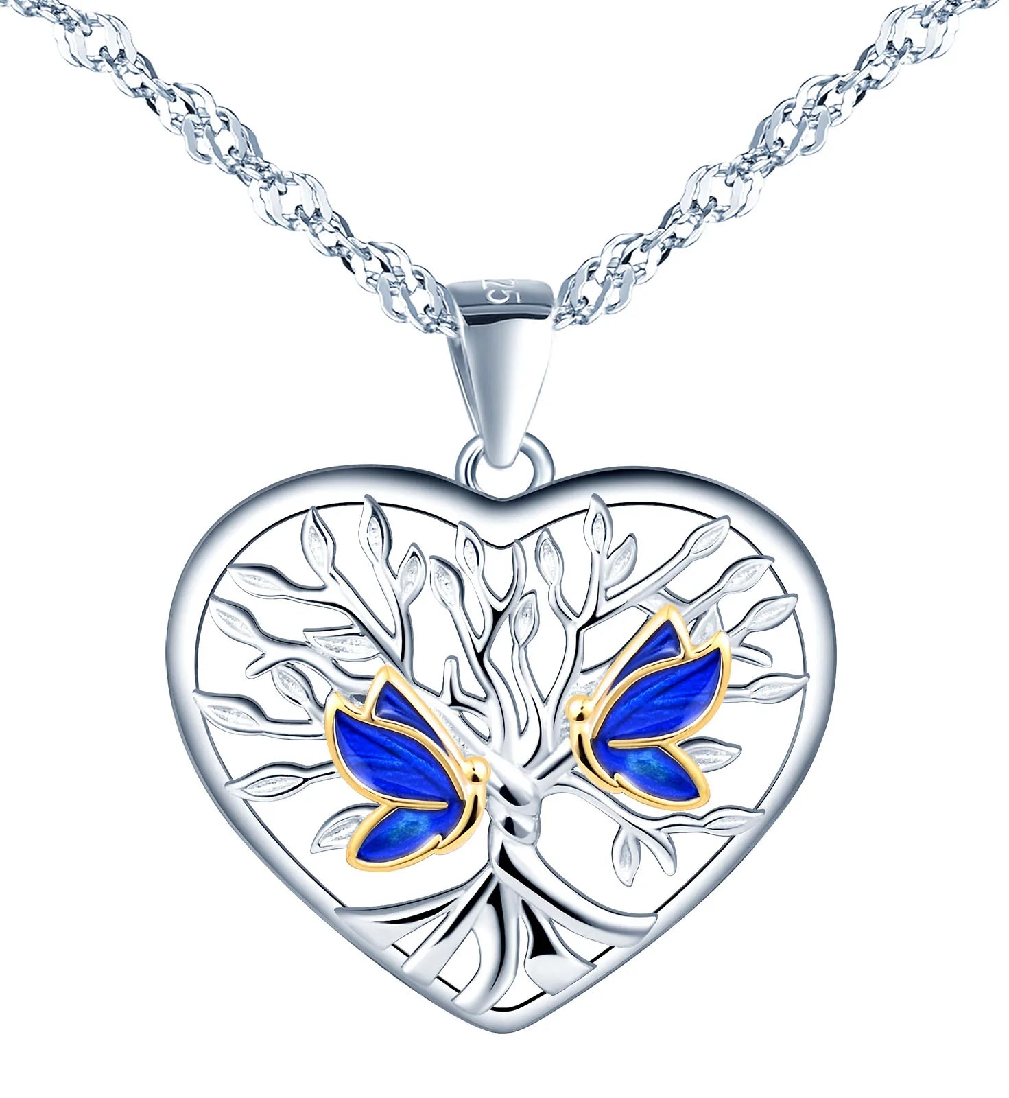 AZ Product butterfly on Tree of Life 925 Sterling Silver Heart Shape Necklace