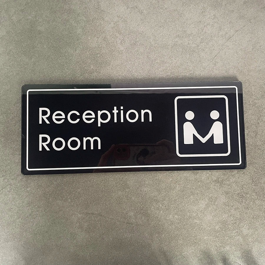 Reception Signage Retail Indoor Office Sign Black Acrylic UV Printed Reception Room Door Sign with Tape