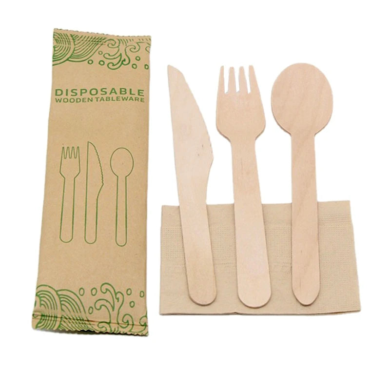 Eco-friendly Disposable Wooden Cutlery Set Spoon/ Fork /knife for Cake with Individual Paper Wrapped