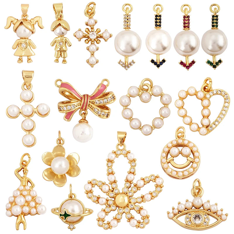Cross Smiling Face Heart Flower Pearl CZ Zircon 18K Gold Charm PendantBracelet Necklace Attachment Jewelry Findings Supply L36