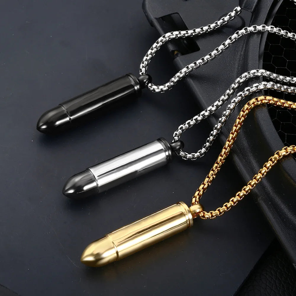 Cylindrical Bullet Shape Pendant Necklaces Lettering Stainless Steel Long Strip Bullet Necklaces