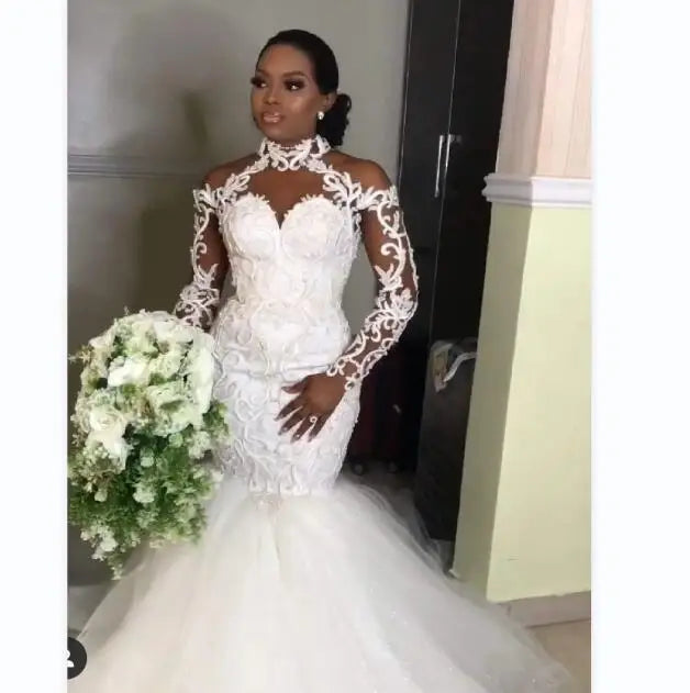 African Mermaid Wedding Dresses Elegant Halter Long Sleeves Lace Appliques Beads Bridal Gowns Vestido De Noiva MW437