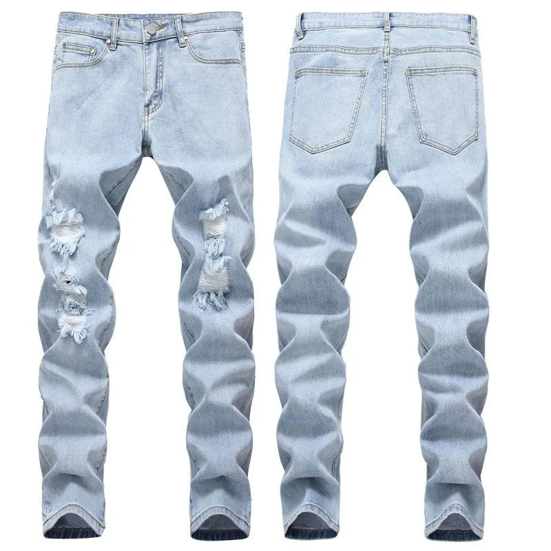 AeeDenim Wholesale OEM LOGO Ripped Knee Frayed Small Straight Slim Jeans European and American Men's Stretch Trousers