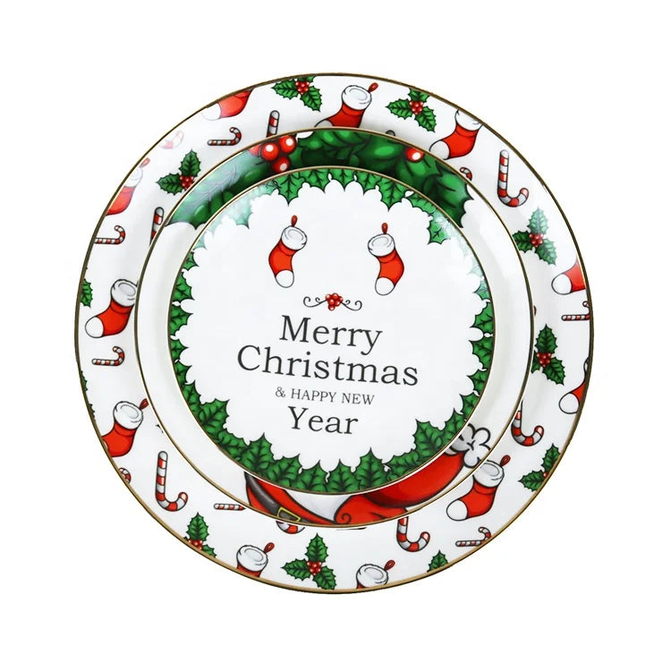 Wholesale Christmas Dinnerware Set New Xmas Style Ceramic Round Dinner Plates Golden Edge Eco-Friendly Color Enamel Technique