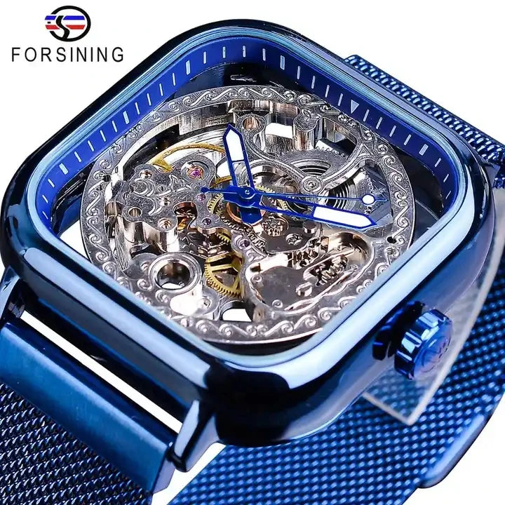 Forsining  Mens Automatic Mechanical Fashion Square Skeleton Wrist Watch Mesh Steel Strip Steel Band Analog Blue Clock Gift