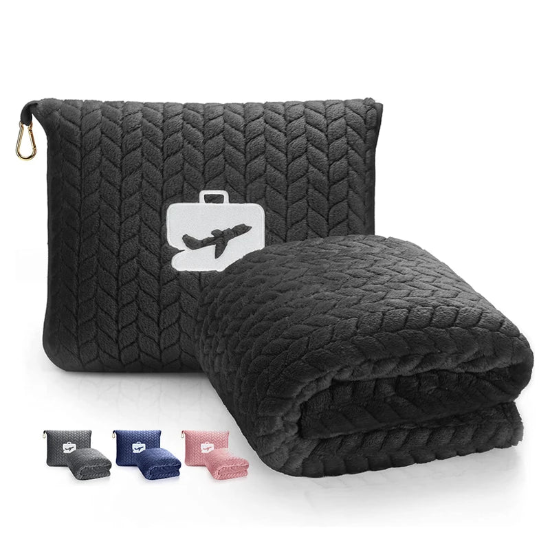 2-in-1 Floral Character Travel Blanket Soft Bag Pillowcase Hand Luggage Sleeve Backpack Clip Solid Color Travel Pillow Blanket