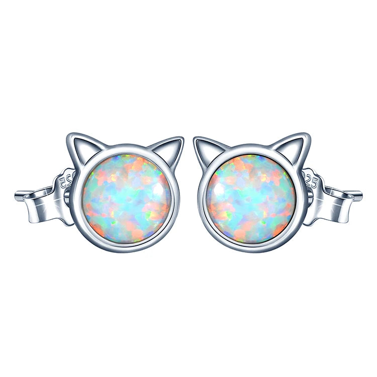 Cute Cat Opal Stud Earrings Trendy 925 Silver Jewelry for Women & Girls for Anniversary Party & Gift