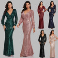 Women Ladies Elegant Prom Dresses Party Sequin Long Sleeved Evening Dress Fishtail Mother of Bride Wedding Casual Dress