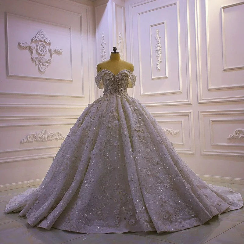 Jancember AM717 Modest Flower Off Shoulder Sweetheart Lace up Wedding Bridal Dresses