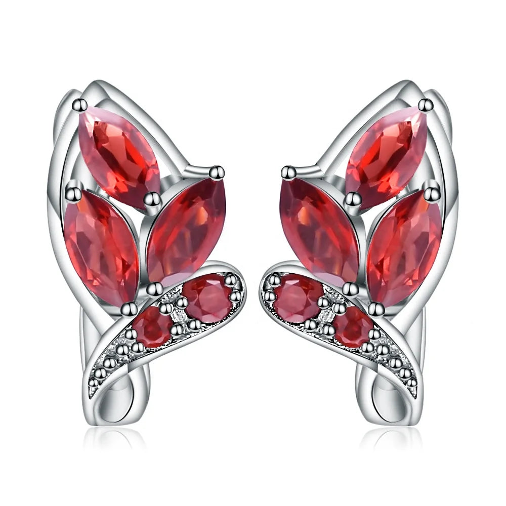 Abiding Natural Red Garnet Leaf Handmade 925 Sterling Silver Fashion Jewelry Designer Charm Earrings for Women