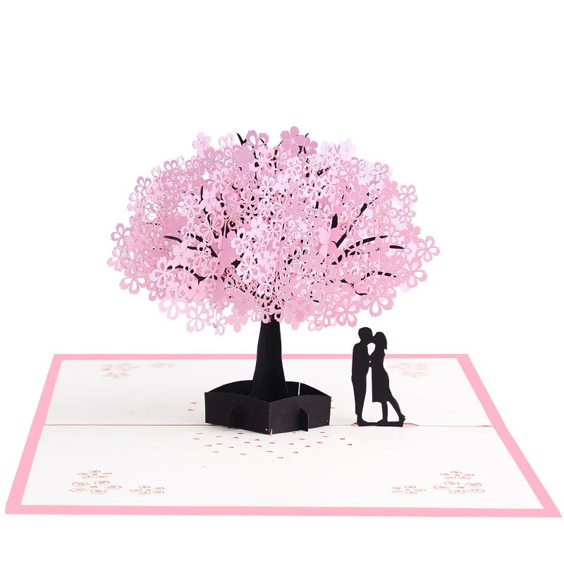 Factory Direct  pink Romantic Cherry Blossom 3D Greeting Card Flower Pansy Original Cherry Tree Paper Carving Handmade Card