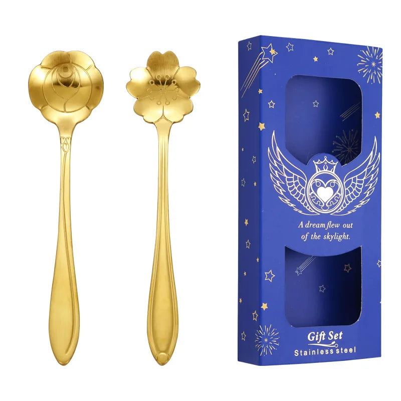 Creative Sakura Stainless Steel Spoon Golden Rose Coffee Spoon with Gift Box Wedding Souvenir