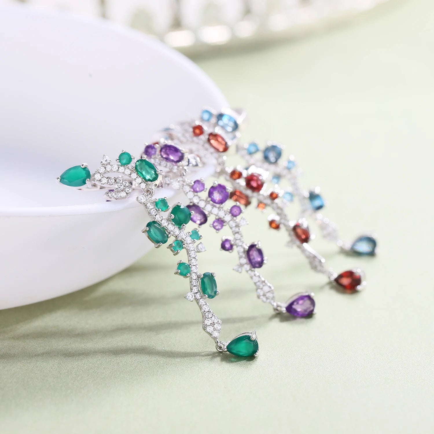 C4795 Abiding 925 Silver Rhodium Plated  Cz Natural Blue Topaz Green Agate Amethyst Garnet Long Tassel Earrings for Women Gifts