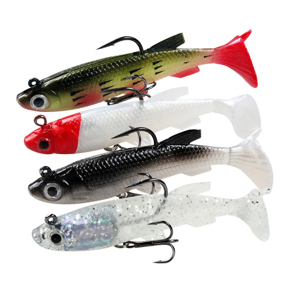 SNEDA 80mm 14g 5Colors Soft Fishing Lures Rubber Worm Bass Long Bait 3d Eyes With Three Anchor Hook and Single Hook