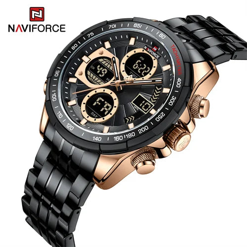 NAVIFORCE 9197S RGBB Analog Digital Waterproof Wristwatch Quartz Calendar Clock New Mens Business Stainless Steel Watches