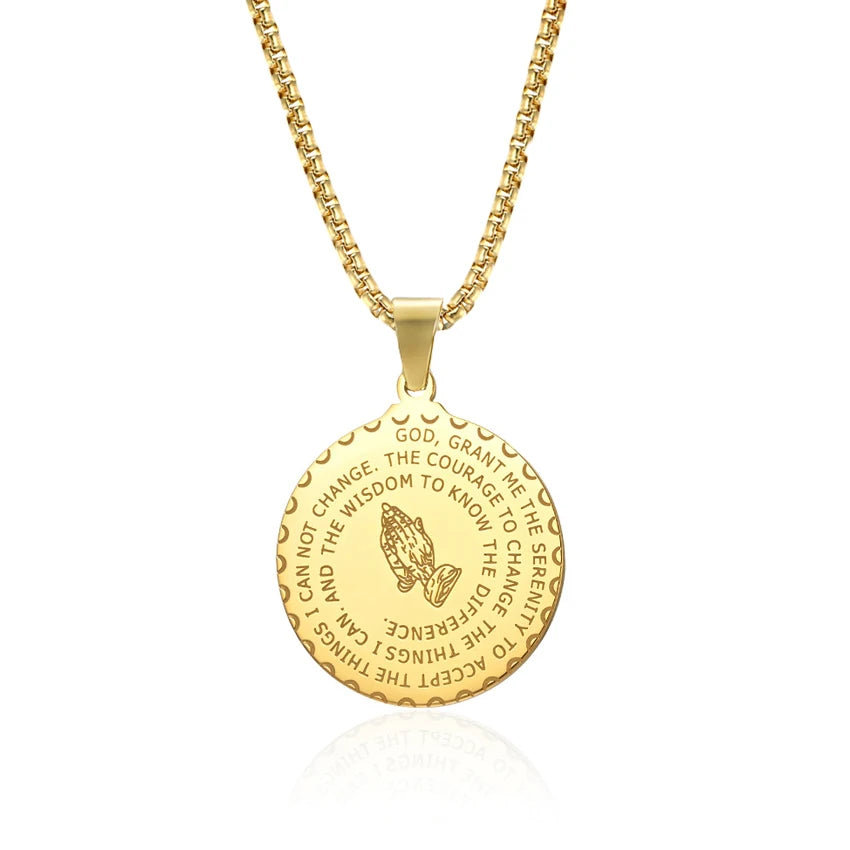 Olivia Bible Verse Pray Hand Pendant Christian Jewelry Gold Plated Stainless Steel Round Medal Praying Hands Necklace
