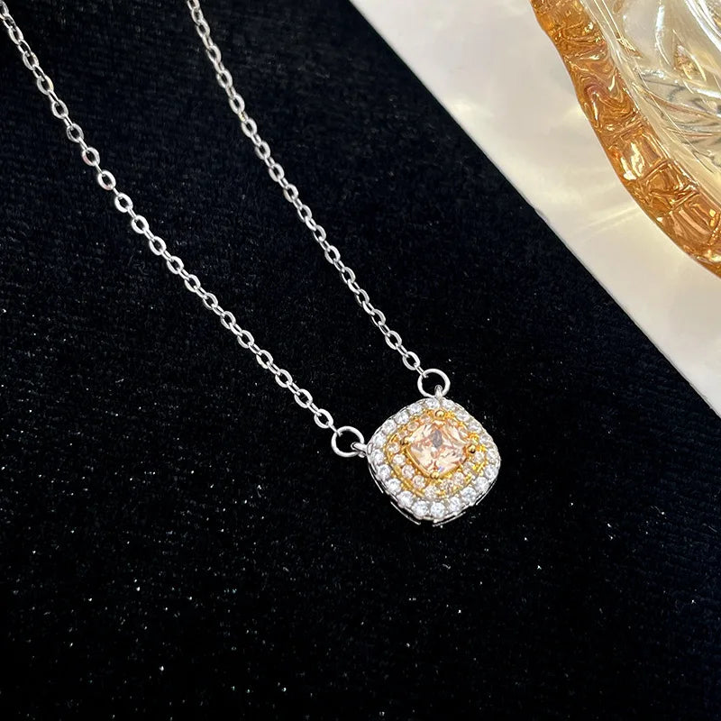 Luxury Princess Cut Yellow Cubic Zirconia Pendant Women Gift Jewelry 925 Sterling Silver Necklace