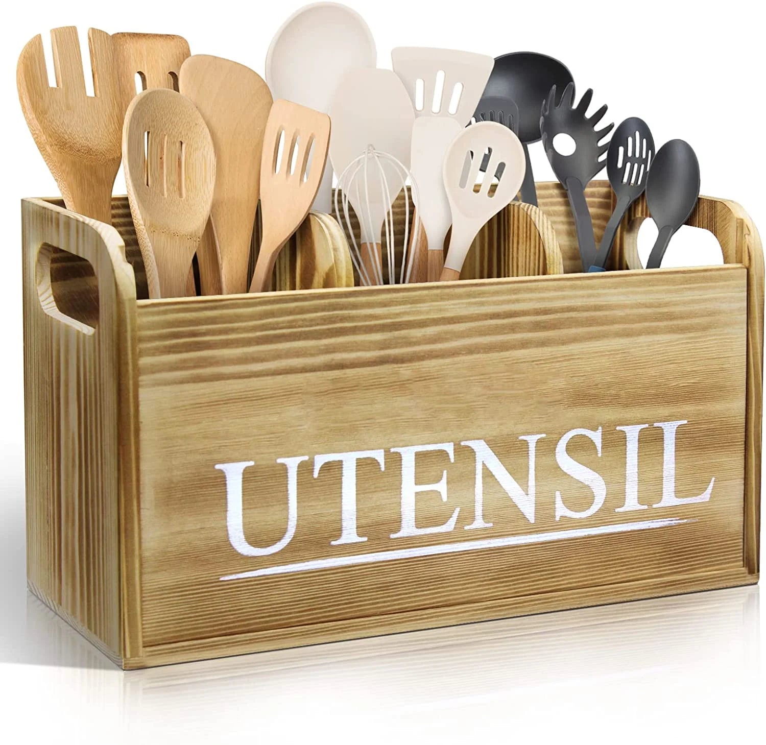 JUNJI  Kitchen Utensil Holder Rustic Large Wooden Utensil Organizer Cooking Tools Storage