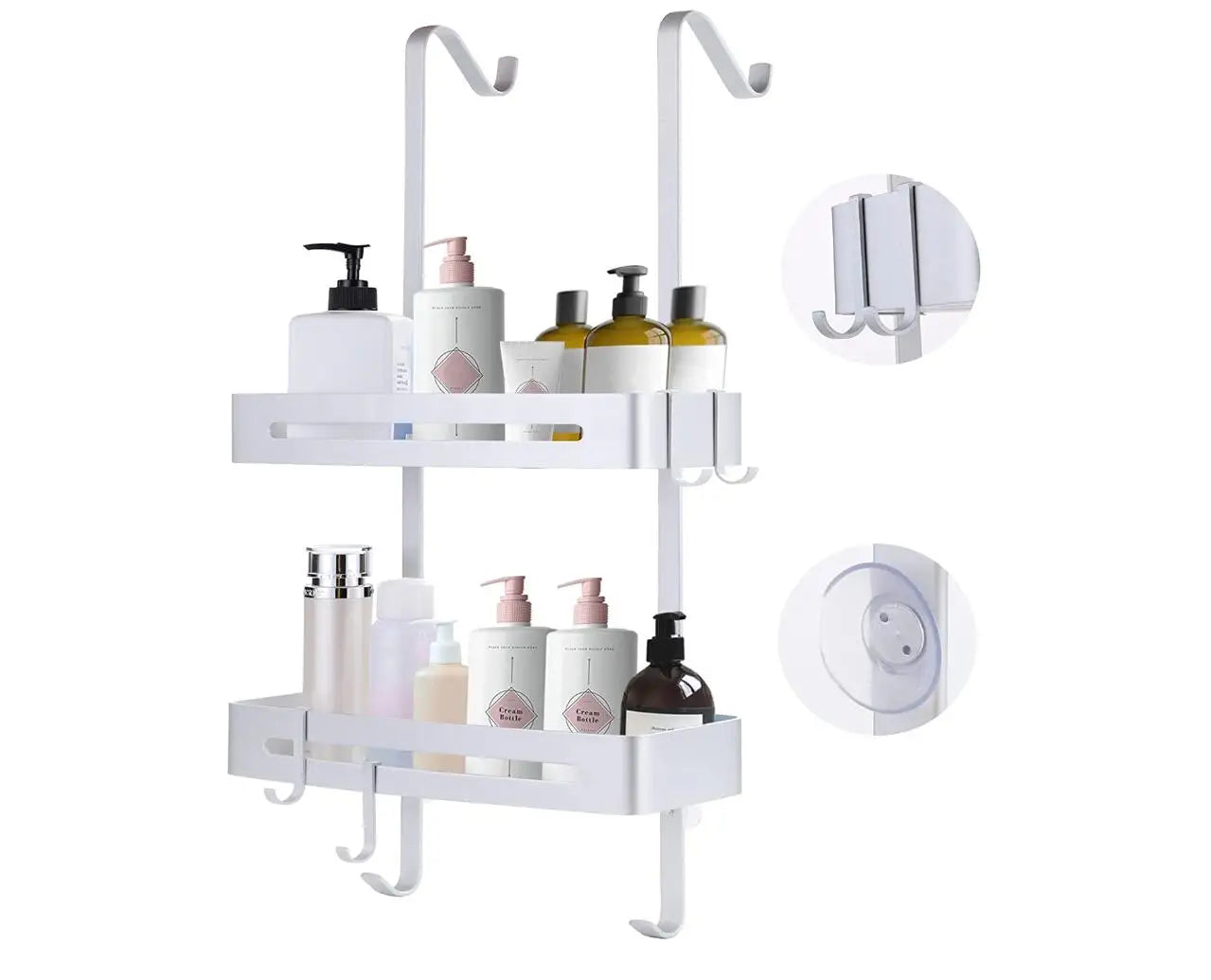Adjustable Stainless Steel Shower Caddy Rustproof Bathroom Storage Rack with Hooks Hanging Bathtub Organizer Mounted in Corner