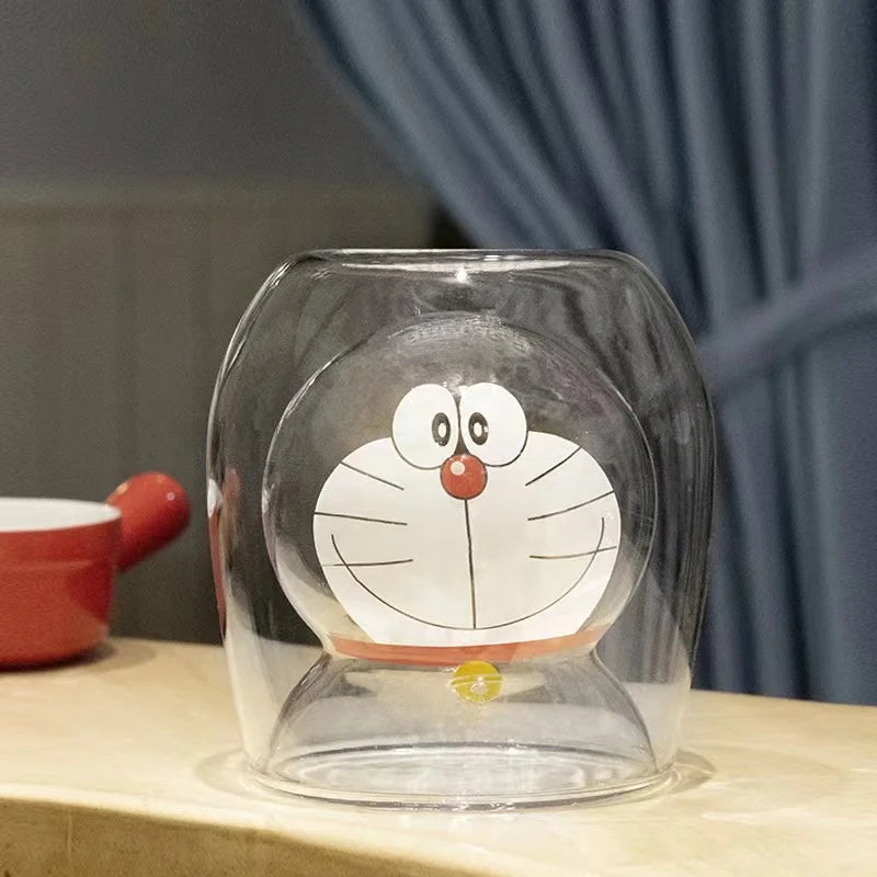 Wholesale Doraemon Shape Glass Cup Cute Juice Clear Double Wall Glass Cup