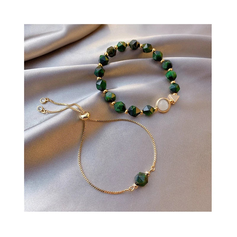 2pcs Simple Green Gemstone Bracelet Female Tiger Eye Stone Personality Bracelet Fashion Design Bracelet Adjustable