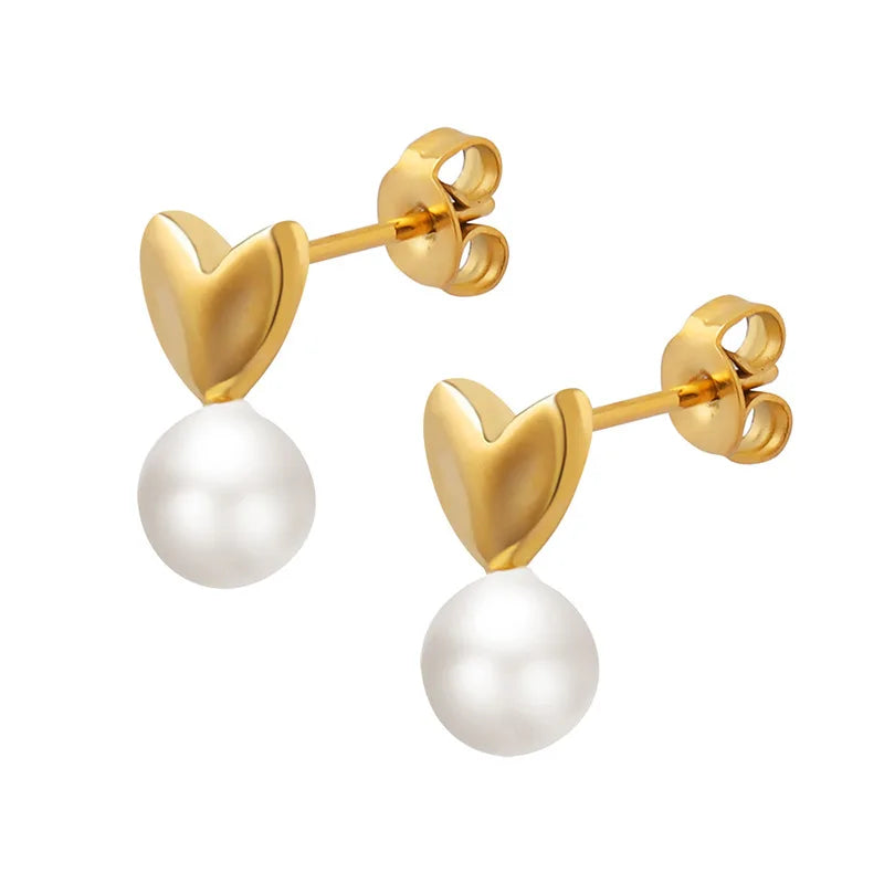 Best Selling Gold Plated Stainless Steel Heart Stud Earrings Titanium Steel Baroque Pearl Earring for Women