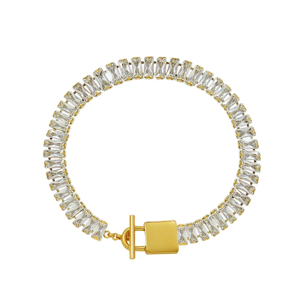 2022 Luxury 18k Gold Plated  Waterproof & Tarnish Free  Crystal Pave Toggle Padlock Stainless Steel Bracelet Trendy Jewelry