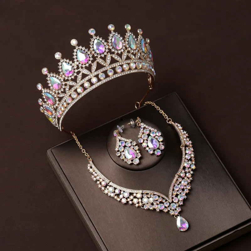 European and American Retro Bride Crown Headwear Dazzling and Luxurious with a Sense of Luxury and  Three Piece Crown Set