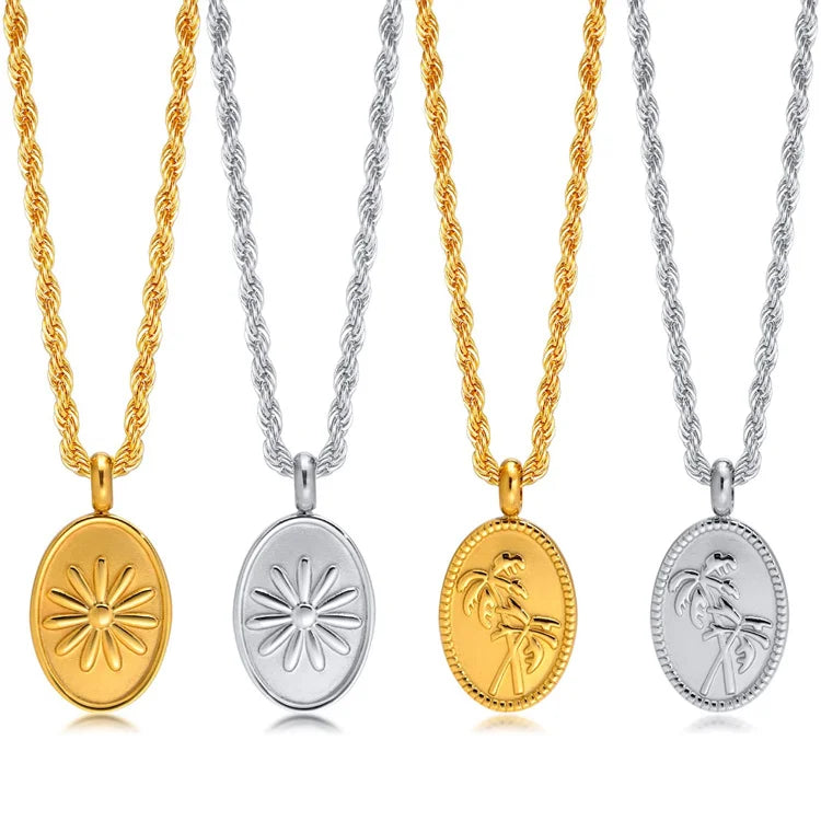Custom Stainless Steel 18k Gold Plated Oval Flower Coconut Tree Pendant Necklace Link Chain-Silver Casual/Sporty Gift for