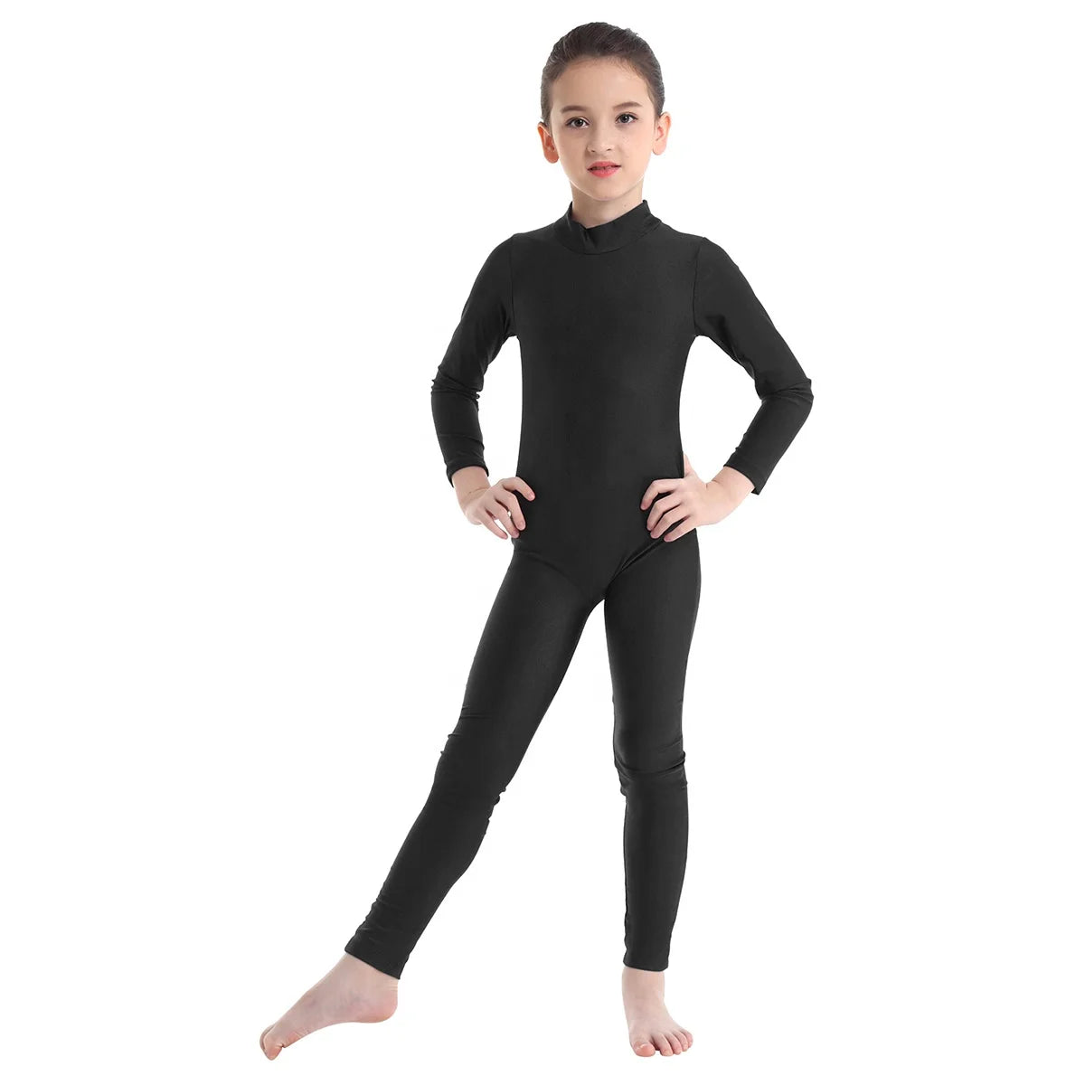 Kids Girls Soft Dance Leotards Breathable Long Sleeves Zippered Ballet Dance Gymnastics Jumpsuit Unitard Dancewear