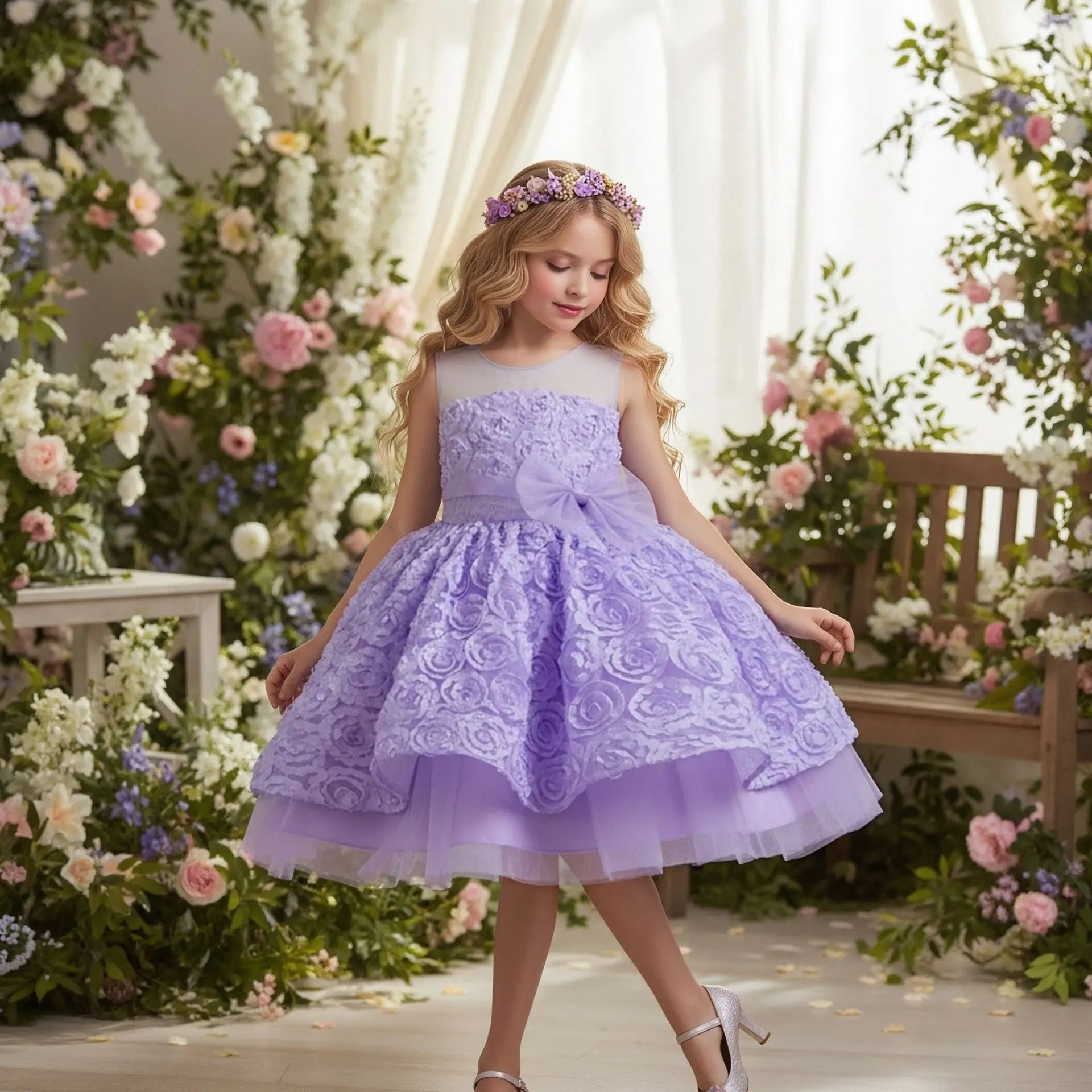 Western Style Flower Girl Wedding Dress Purple Banquet Kid Prom Dresses Fashion Girls Birthday Dresses for 6 Years Old