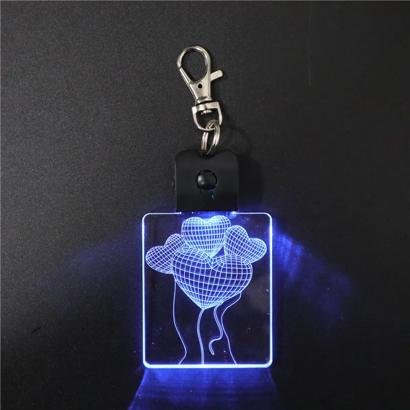 Love Shape  Acrylic Design Laser Led Flashlight Keychain 3D Led Mini Small Metal Acrylic Keychain