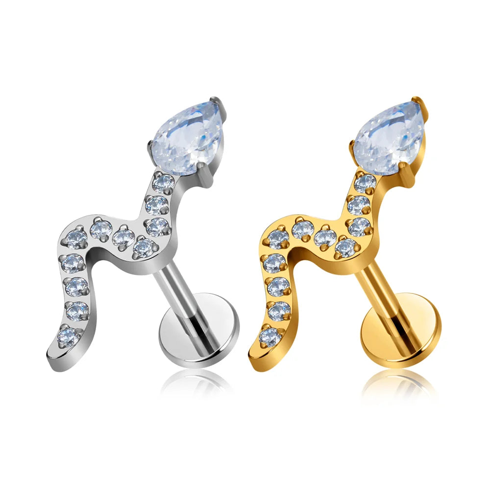 G23 ASTM F136 Titanium Snake Shape Nose Stud Earrings Zircon Inlay Labret Piercing 16G Ear Stud Ear Tragus Body Piercing Jewelry