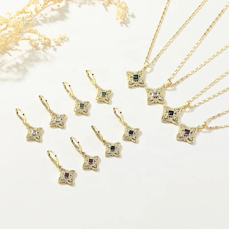 Hengdian 18K Gold Plated Brass Women's 3-Piece Wedding Jewelry Set Zircon Earrings & Necklace Alloy Material for Gift Giving