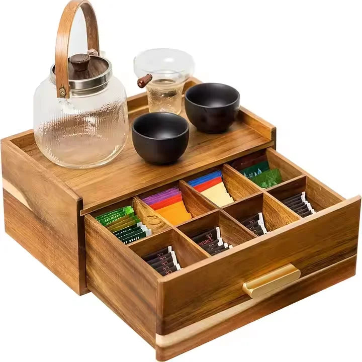 Wholesale Acacia Wood Tea Coffee Bag Storage Organizer with 6 Compartments Rectangle Trapezium Shape Customized Mini Box