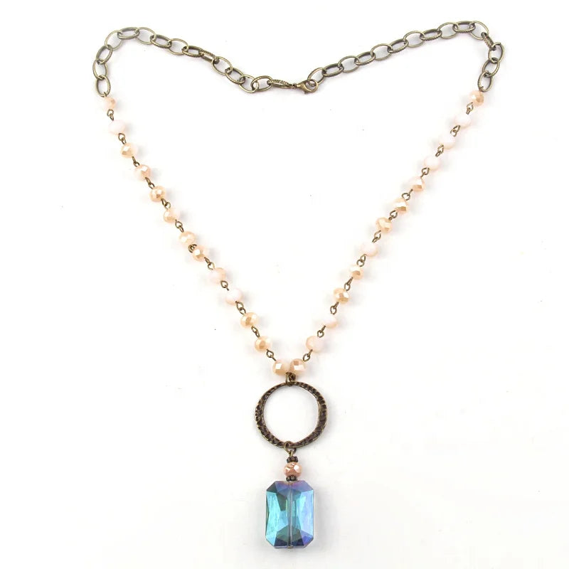 Women Ethnic Jewellery Antique Bronze Chain Crystal Glass Rosary Chain Necklace Rectangle Crystal Pendant Choker Necklace
