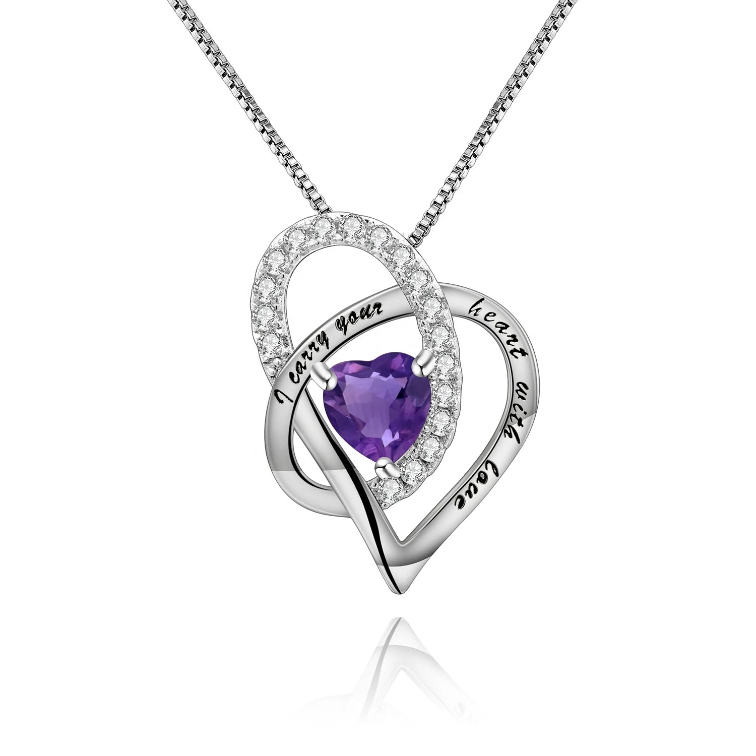 C8961 Abiding Personalized Necklace Pendant Silver Custom Love Heart 925 Natural Amethyst Birthstone Stone Pendant Necklace