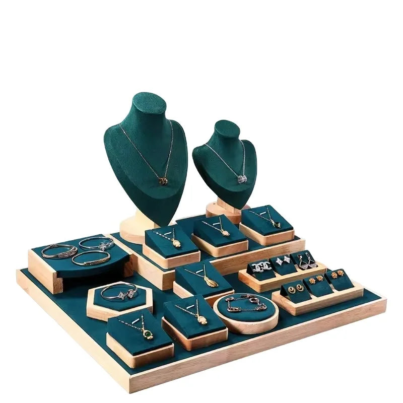 M Counter Show Green Microfiber Velvet Jewelry Set Display Stand Set Table Rack Holder