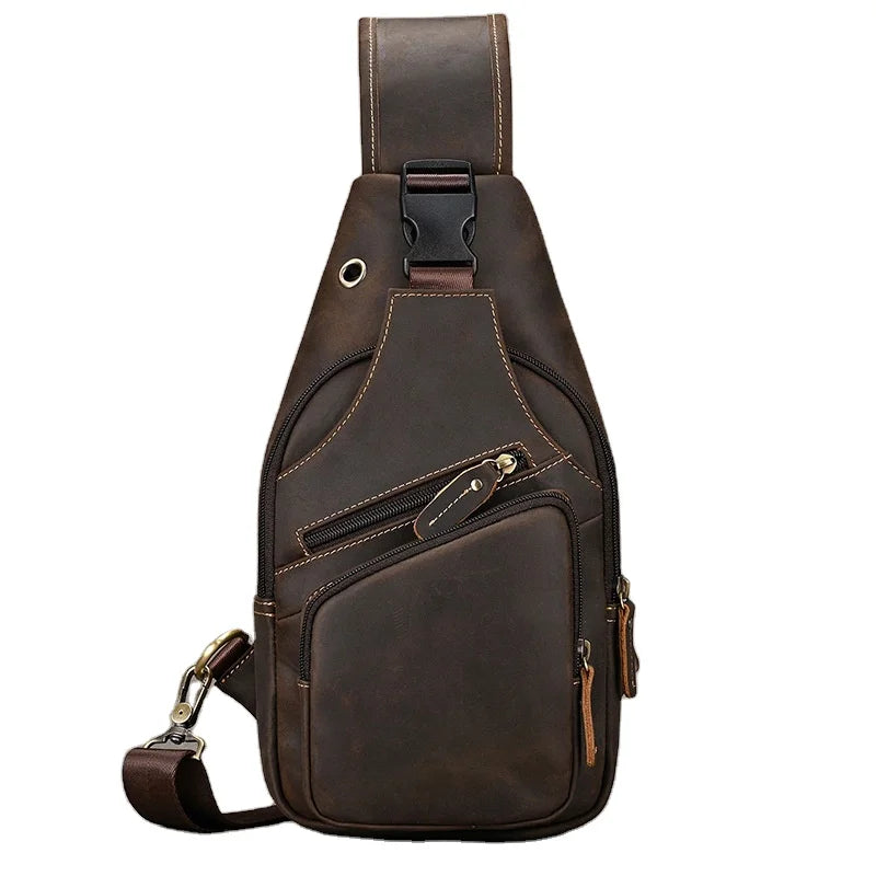 Vintage Crazy Horse Genuine Leather Men's Sling Bag Travel Crossbody Chest Bag Shoulder Cowhide Leather Chest Bags for Men