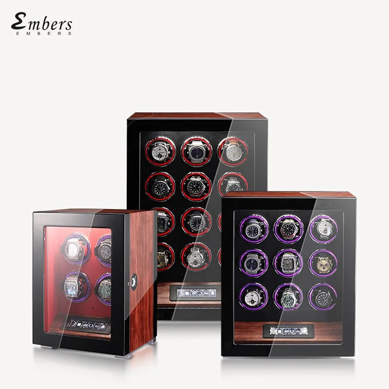 Automatic Handmade Watch Winder 4 Slots Fingerprints Wooden Watch Storage Box Vertical Display Case Led Touch Screen Customized