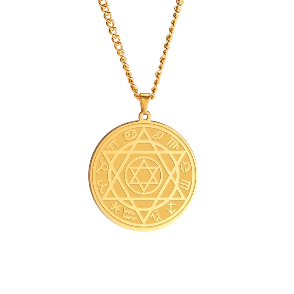 Talisman Seal Solomon Six-Pointed Star Pendants Necklace 12 Zodiac Sign Hexagram Stainless Steel Men Amulet Necklace