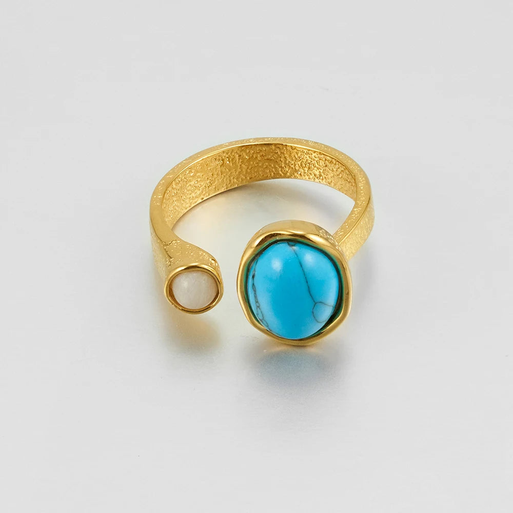 Latest 18K Gold Plated Stainless Steel Jewelry Geometric Frosted Texture Oval Blue Stone Finger Ring Trendy Women Ring R244437