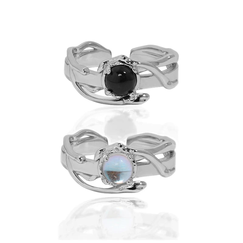 WMJT714 S925 Sterling Silver Black Onyx Ring Free Size Black Onyx Stone Gemstone Statement Ring Gift Jewellery for Girl Women