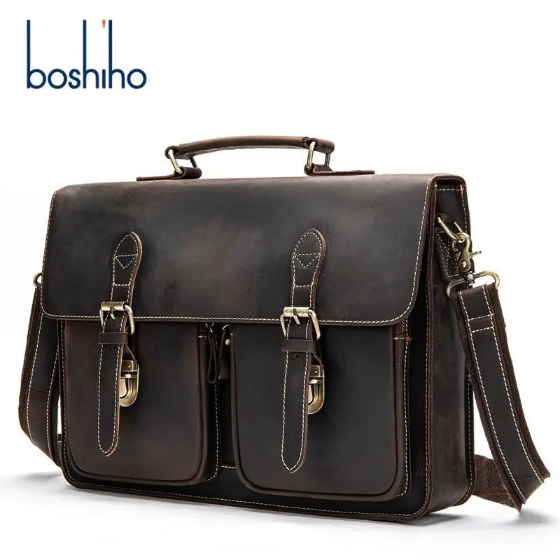 Men's Large-capacity Leather Briefcase Laptop Tote Bag High-quality Crazy Horse Leather One-shoulder Crossbody Travel Bag