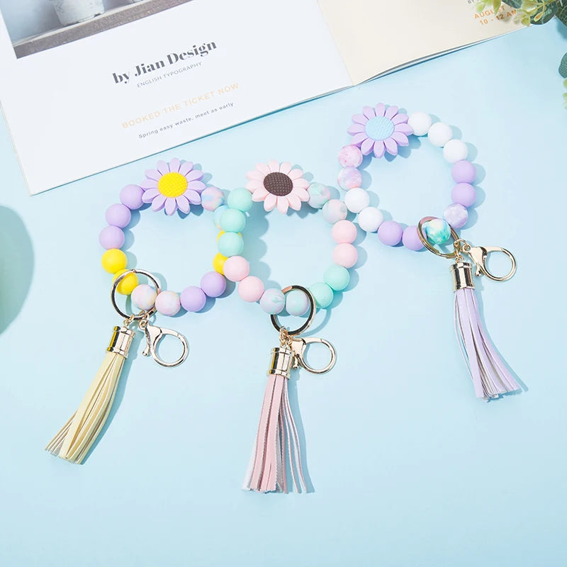 2026 New Design Keychain Bracelet Wristlet Sunflowers Silicone Beaded Key Chain Bracelet Elastic Keyring Bangle for Womens