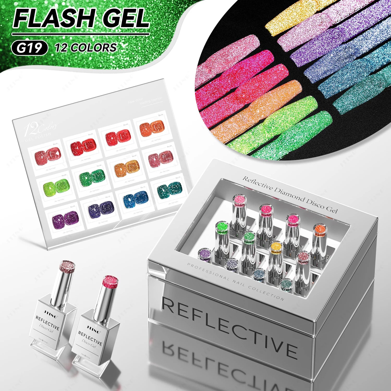 JTING Free Reflective Disco Gel Unique Box Custom Free Color Card 12Colors Diamond Disco Gel Nail Polish Collection OEM Supplies