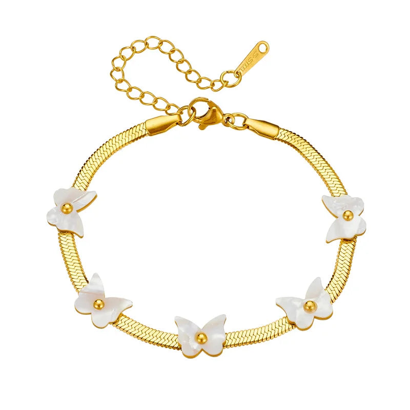 Wholesale Fashion Trendy Stainless Steel 18k Gold Plated Herringbone Chain Bracelet with butterfly and Daisy Flower Charms